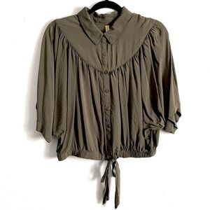 Free People Army Green Batwing Style Buttoned Front Top